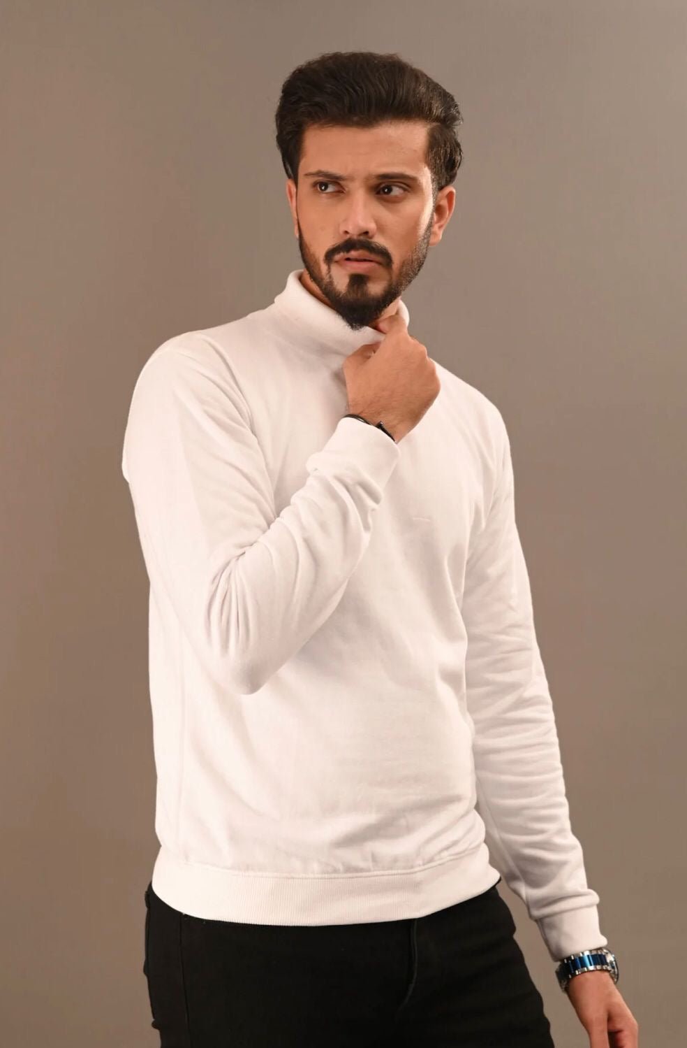 White Relax Fit Basic Plain High Neck