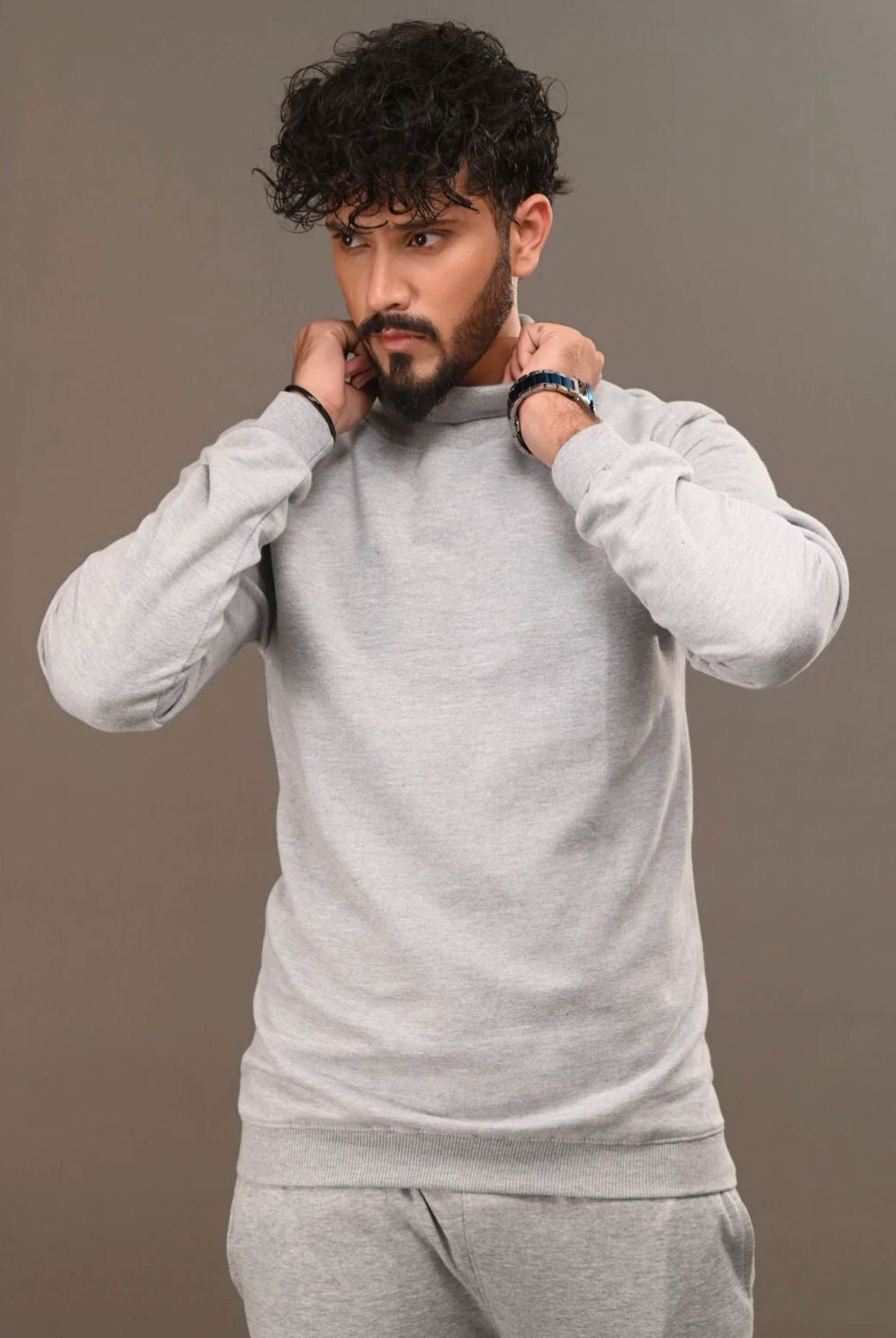 Grey Relax Fit Basic Plain High Neck