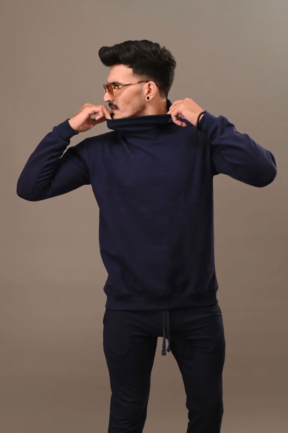 Navy Blue Relax Fit Basic Plain High Neck